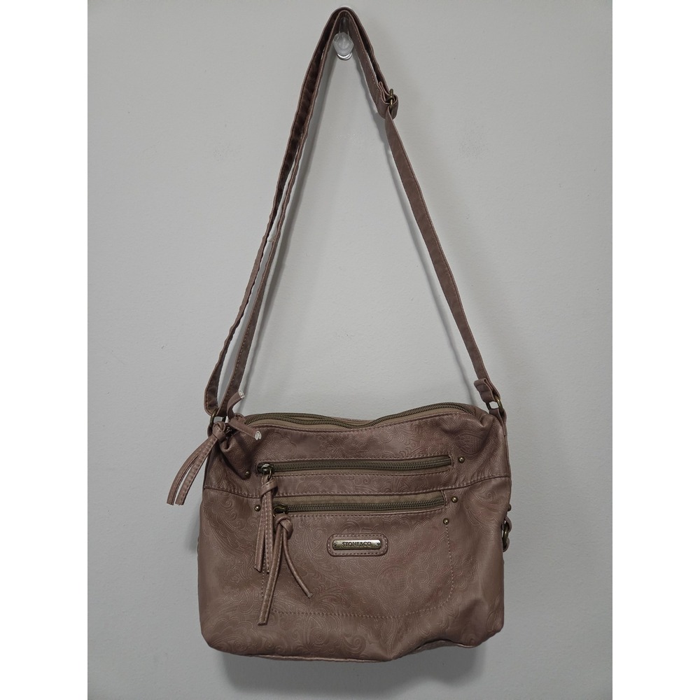 Stone & Co Mauve Faux Leather Paisley Embossed Dual Zip Crossbody Bag